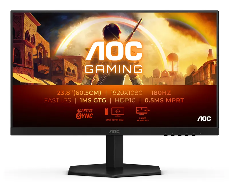 AOC, Gaming, 23,8' 16:9 Fast IPS 180Hz 1920x1080 - HDR10 - Adaptive Sync / G-SYNC Compatible - DisplayPort/HDMI - Noir