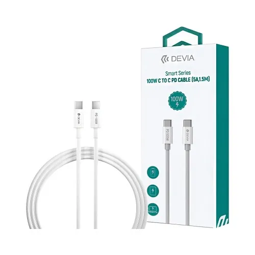 DEVIA Câble USB-C/C PD 100W 5A 1.5M Smart Blanc