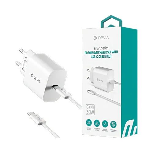 DEVIA Chargeur Secteur GaN PD 30W +Câble USB-C Smart