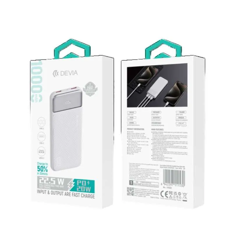 Devia PowerBank 10000mAh 22.5W Écran Digital Smart — Blanc