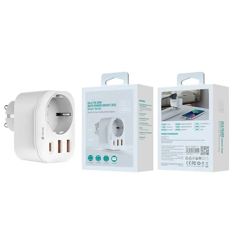 DEVIA Multiprise 2xUSB-A+USB-C PD 20W Smart