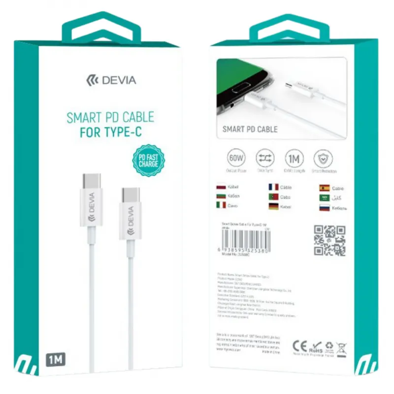 DEVIA Câble USB-C/C PD 60W 3A 1M Smart