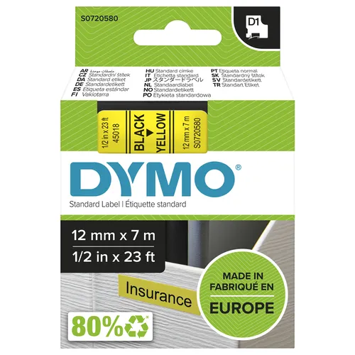DYMO D1 - Standard Étiquettes - Noir sur jaune - 12mm x 7m