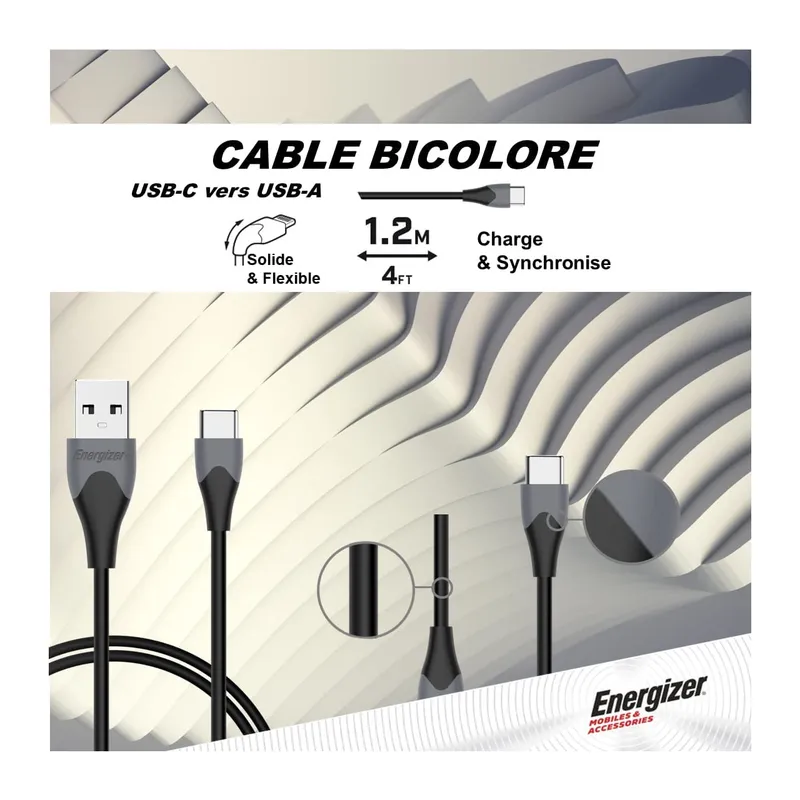 Energizer CABLE USB-C bicolor Noir 1.2m