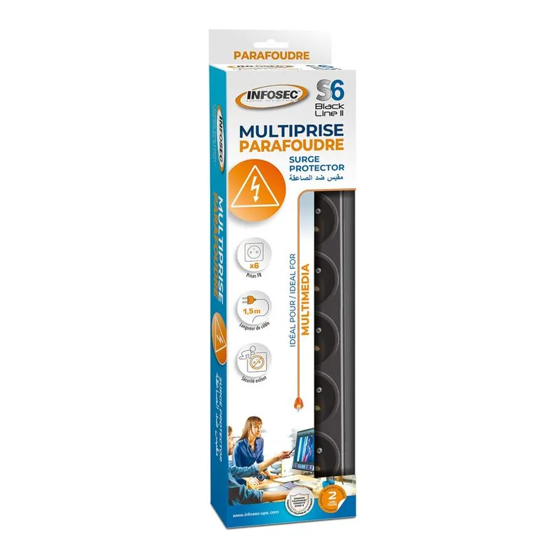 INFOSEC S6 Black Line II Parasurtenseur 6 Prises FR 1,5 m - 2Y