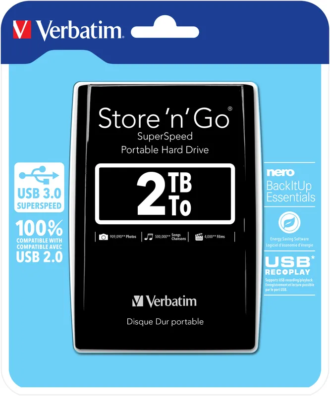 Verbatim Store'n'Go HDD Ext. 2To 2,5 USB3.0 — (tcp 6€ incl.)